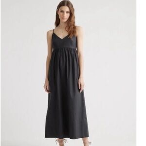 Quince M Black Organic Cotton Sleeveless Maxi Dress Pockets Smocked Back Trapeze